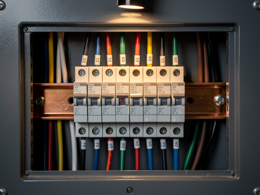 A clean, newly upgraded residential breaker panel with copper bus bars and crisp white circuit labels