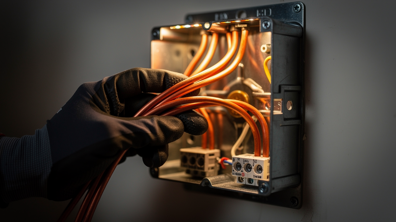 A gloved hand neatly dressing copper wiring inside an open residential junction box in warm work-light